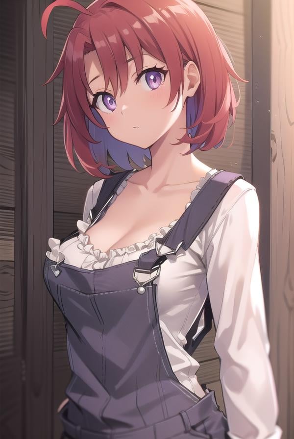 cowgirl, <lora:cowgirltest:1>, cow girl, ahoge, red hair, (purple eyes:1.1), short hair,BREAK cleavage, collarbone, frills, long sleeves, overalls, suspenders,,BREAK looking at viewer,BREAK outdoors, farm,BREAK <lora:GoodHands-vanilla:1>, (masterpiece:1.2), best quality, high resolution, unity 8k wallpaper, (illustration:0.8), (beautiful detailed eyes:1.6), extremely detailed face, perfect lighting, extremely detailed CG, (perfect hands, perfect anatomy),