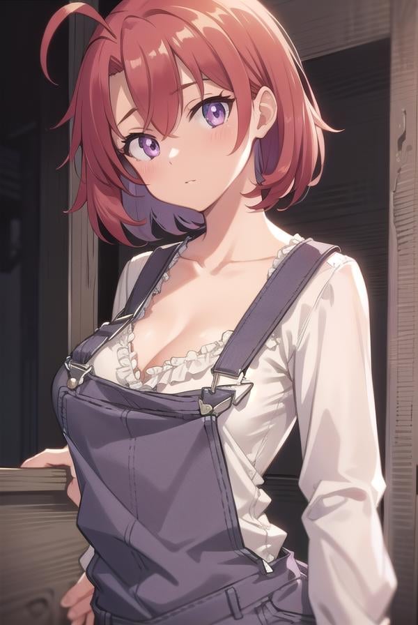 cowgirl, <lora:cowgirltest:1>, cow girl, ahoge, red hair, (purple eyes:1.1), short hair,BREAK cleavage, collarbone, frills, long sleeves, overalls, suspenders,,BREAK looking at viewer,BREAK outdoors, farm,BREAK <lora:GoodHands-vanilla:1>, (masterpiece:1.2), best quality, high resolution, unity 8k wallpaper, (illustration:0.8), (beautiful detailed eyes:1.6), extremely detailed face, perfect lighting, extremely detailed CG, (perfect hands, perfect anatomy),