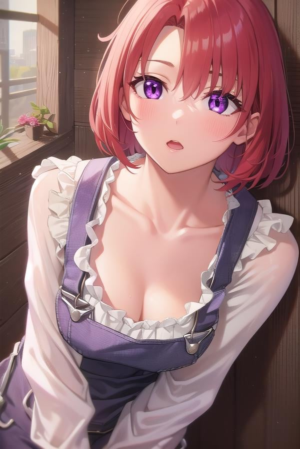 cowgirl, <lora:cowgirl-lora-nochekaiser:1>, cow girl, ahoge, red hair, (purple eyes:1.1), short hair,BREAK cleavage, collarbone, frills, long sleeves, overalls, suspenders,,BREAK looking at viewer, full body, upper body, (cowboy shot:1.5),BREAK outdoors, farm,BREAK <lyco:GoodHands-beta2:1>, (masterpiece:1.2), best quality, high resolution, unity 8k wallpaper, (illustration:0.8), (beautiful detailed eyes:1.6), extremely detailed face, perfect lighting, extremely detailed CG, (perfect hands, perfect anatomy),