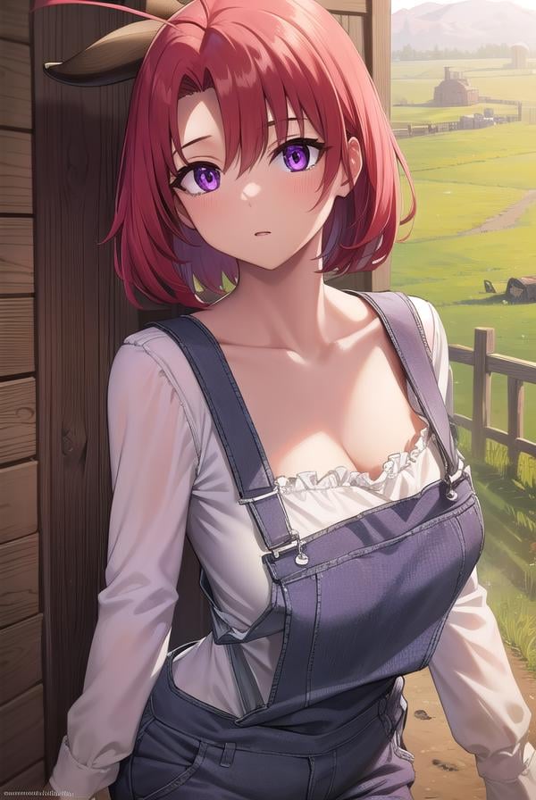 cowgirl, <lora:cowgirl-lora-nochekaiser:1>, cow girl, ahoge, red hair, (purple eyes:1.1), short hair,BREAK cleavage, collarbone, frills, long sleeves, overalls, suspenders,,BREAK looking at viewer, full body, upper body, (cowboy shot:1.5),BREAK outdoors, farm,BREAK <lyco:GoodHands-beta2:1>, (masterpiece:1.2), best quality, high resolution, unity 8k wallpaper, (illustration:0.8), (beautiful detailed eyes:1.6), extremely detailed face, perfect lighting, extremely detailed CG, (perfect hands, perfect anatomy),