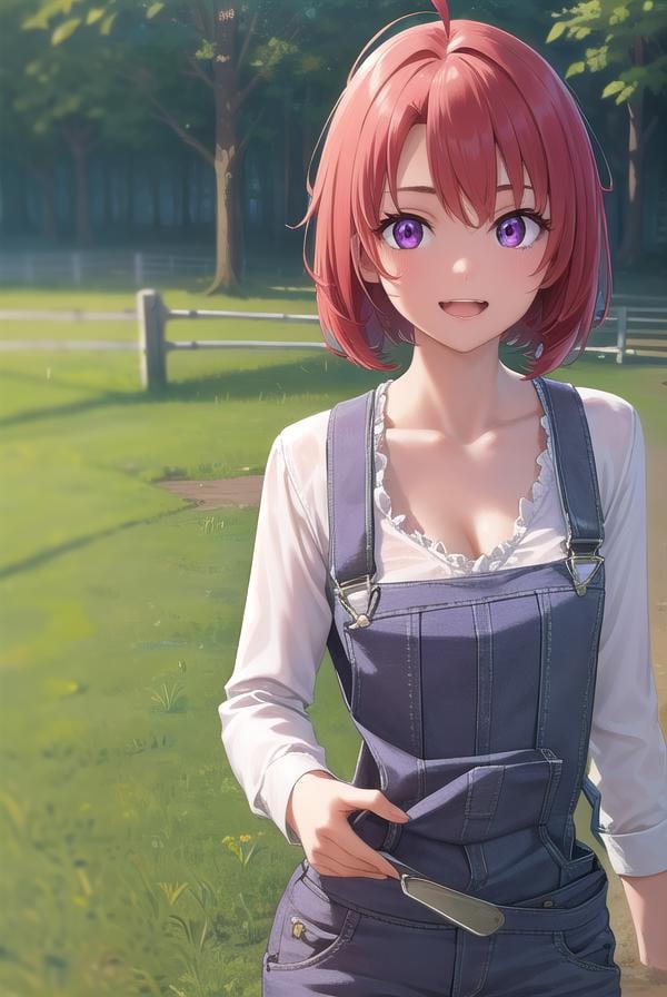 cowgirl, <lora:cowgirl-lora-nochekaiser:1>, cow girl, ahoge, red hair, (purple eyes:1.1), short hair, <lora:talkmouth_E_v100:1>, open mouth,BREAK cleavage, collarbone, frills, long sleeves, overalls, suspenders,,BREAK looking at viewer, (full body:1.5), (upper body:1.5), cowboy shot,BREAK outdoors, farm,BREAK <lyco:GoodHands-beta2:1>, (masterpiece:1.2), best quality, high resolution, unity 8k wallpaper, (illustration:0.8), (beautiful detailed eyes:1.6), extremely detailed face, perfect lighting, extremely detailed CG, (perfect hands, perfect anatomy),