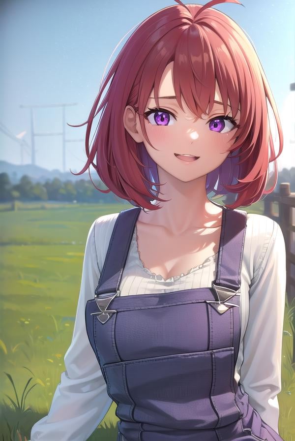 cowgirl, <lora:cowgirl-lora-nochekaiser:1>, cow girl, ahoge, red hair, (purple eyes:1.1), short hair, <lora:talkmouth_E_v100:1>, open mouth,BREAK cleavage, collarbone, frills, long sleeves, overalls, suspenders,,BREAK looking at viewer, (full body:1.5), (upper body:1.5), cowboy shot,BREAK outdoors, farm,BREAK <lyco:GoodHands-beta2:1>, (masterpiece:1.2), best quality, high resolution, unity 8k wallpaper, (illustration:0.8), (beautiful detailed eyes:1.6), extremely detailed face, perfect lighting, extremely detailed CG, (perfect hands, perfect anatomy),