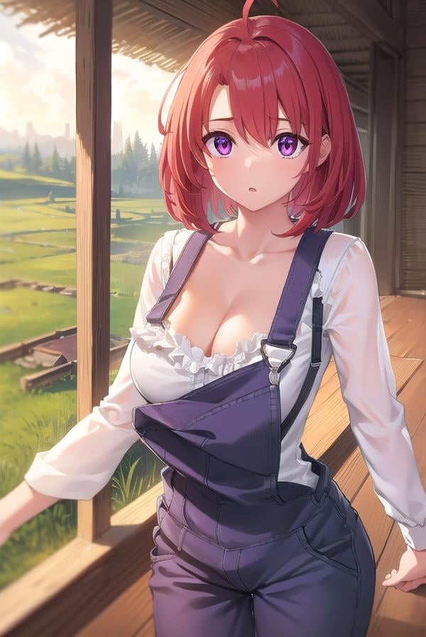 cowgirl, <lora:cowgirl-lora-nochekaiser:1>, cow girl, ahoge, red hair, (purple eyes:1.1), short hair,BREAK cleavage, collarbone, frills, long sleeves, overalls, suspenders,,BREAK looking at viewer, full body, upper body, (cowboy shot:1.5),BREAK outdoors, farm,BREAK <lyco:GoodHands-beta2:1>, (masterpiece:1.2), best quality, high resolution, unity 8k wallpaper, (illustration:0.8), (beautiful detailed eyes:1.6), extremely detailed face, perfect lighting, extremely detailed CG, (perfect hands, perfect anatomy),