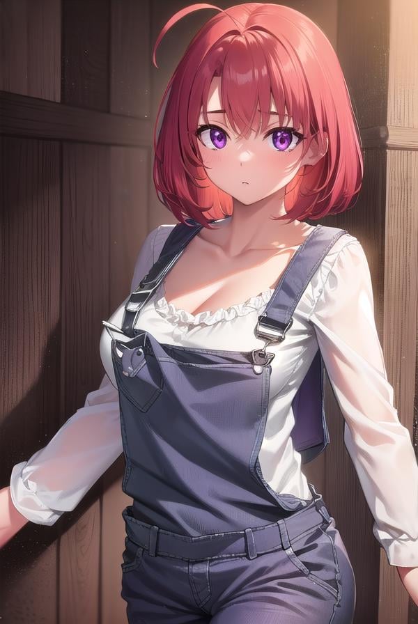 cowgirl, <lora:cowgirl-lora-nochekaiser:1>, cow girl, ahoge, red hair, (purple eyes:1.1), short hair,BREAK cleavage, collarbone, frills, long sleeves, overalls, suspenders,,BREAK looking at viewer, full body, upper body, (cowboy shot:1.5),BREAK outdoors, farm,BREAK <lyco:GoodHands-beta2:1>, (masterpiece:1.2), best quality, high resolution, unity 8k wallpaper, (illustration:0.8), (beautiful detailed eyes:1.6), extremely detailed face, perfect lighting, extremely detailed CG, (perfect hands, perfect anatomy),