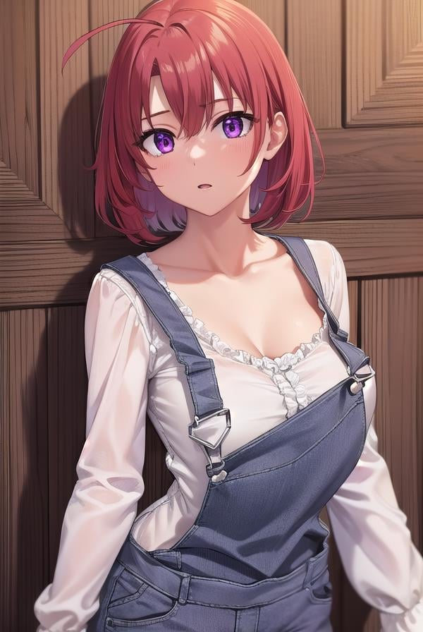 cowgirl, <lora:cowgirl-lora-nochekaiser:1>, cow girl, ahoge, red hair, (purple eyes:1.1), short hair,BREAK cleavage, collarbone, frills, long sleeves, overalls, suspenders,,BREAK looking at viewer, full body, upper body, (cowboy shot:1.5),BREAK outdoors, farm,BREAK <lyco:GoodHands-beta2:1>, (masterpiece:1.2), best quality, high resolution, unity 8k wallpaper, (illustration:0.8), (beautiful detailed eyes:1.6), extremely detailed face, perfect lighting, extremely detailed CG, (perfect hands, perfect anatomy),