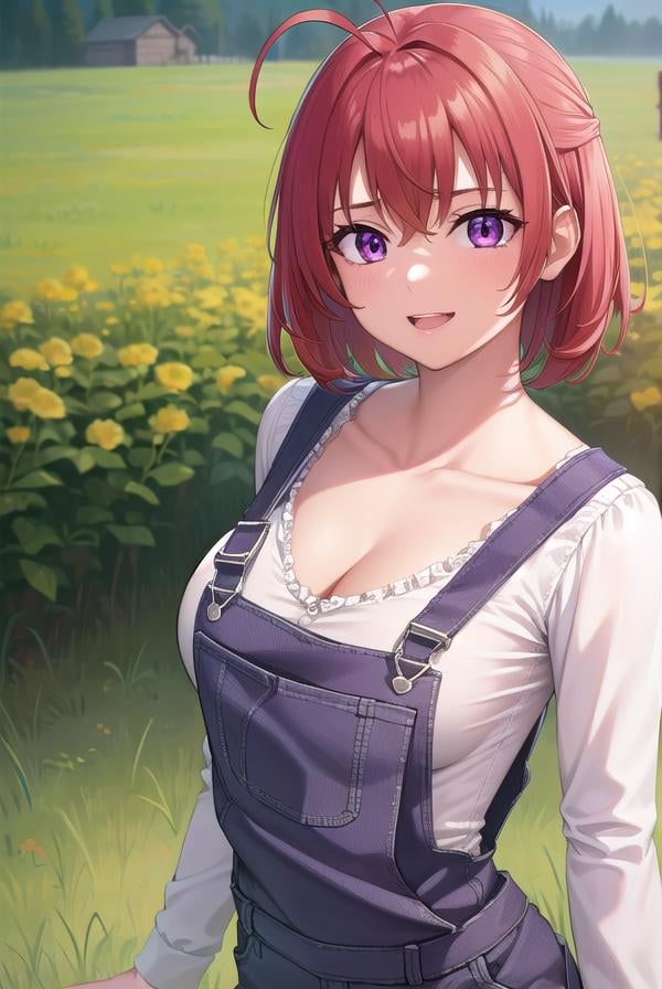 cowgirl, <lora:cowgirl-lora-nochekaiser:1>, cow girl, ahoge, red hair, (purple eyes:1.1), short hair, <lora:talkmouth_E_v100:1>, open mouth,BREAK cleavage, collarbone, frills, long sleeves, overalls, suspenders,,BREAK looking at viewer, (full body:1.5), (upper body:1.5), cowboy shot,BREAK outdoors, farm,BREAK <lyco:GoodHands-beta2:1>, (masterpiece:1.2), best quality, high resolution, unity 8k wallpaper, (illustration:0.8), (beautiful detailed eyes:1.6), extremely detailed face, perfect lighting, extremely detailed CG, (perfect hands, perfect anatomy),