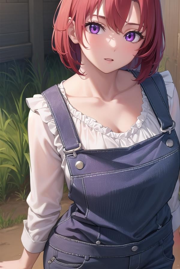 cowgirl, <lora:cowgirl-lora-nochekaiser:1>, cow girl, ahoge, red hair, (purple eyes:1.1), short hair,BREAK cleavage, collarbone, frills, long sleeves, overalls, suspenders,,BREAK looking at viewer, full body, upper body, (cowboy shot:1.5),BREAK outdoors, farm,BREAK <lyco:GoodHands-beta2:1>, (masterpiece:1.2), best quality, high resolution, unity 8k wallpaper, (illustration:0.8), (beautiful detailed eyes:1.6), extremely detailed face, perfect lighting, extremely detailed CG, (perfect hands, perfect anatomy),