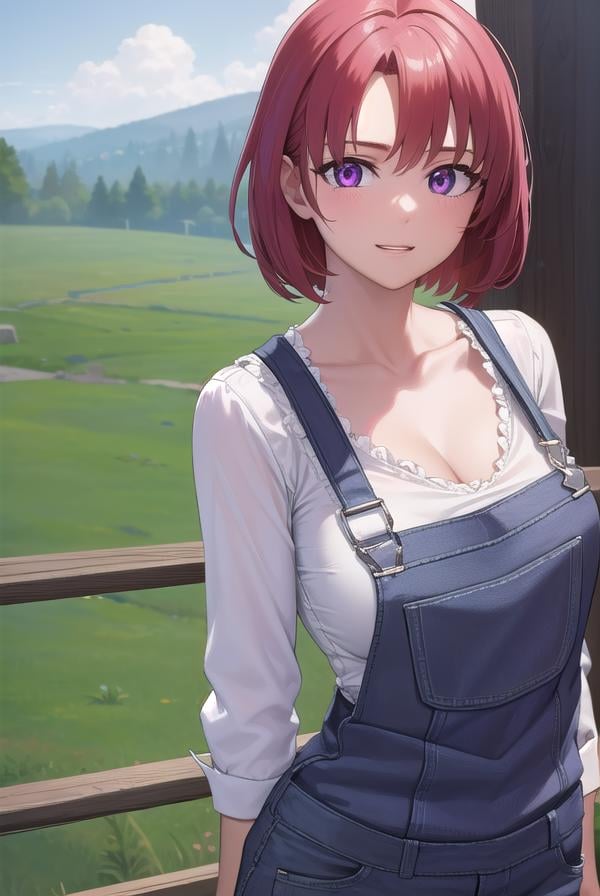 cowgirl, <lora:cowgirl-lora-nochekaiser:1>, cow girl, ahoge, red hair, (purple eyes:1.1), short hair, <lora:talkmouth_E_v100:1>, open mouth,BREAK cleavage, collarbone, frills, long sleeves, overalls, suspenders,,BREAK looking at viewer, (full body:1.5), (upper body:1.5), cowboy shot,BREAK outdoors, farm,BREAK <lyco:GoodHands-beta2:1>, (masterpiece:1.2), best quality, high resolution, unity 8k wallpaper, (illustration:0.8), (beautiful detailed eyes:1.6), extremely detailed face, perfect lighting, extremely detailed CG, (perfect hands, perfect anatomy),