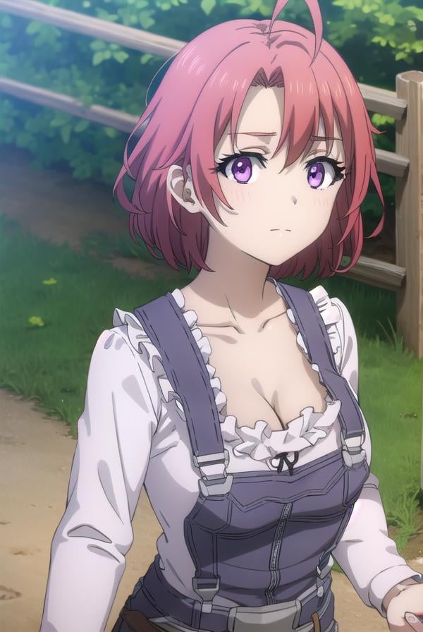 cowgirl, <lora:cowgirls2-lora-nochekaiser:1>, cow girl, ahoge, red hair, (purple eyes:1.1), short hair,BREAK cleavage, collarbone, frills, long sleeves, overalls, suspenders,BREAK outdoors, farm,BREAK looking at viewer, (cowboy shot:1.5),BREAK <lyco:GoodHands-beta2:1>, (masterpiece:1.2), best quality, high resolution, unity 8k wallpaper, (illustration:0.8), (beautiful detailed eyes:1.6), extremely detailed face, perfect lighting, extremely detailed CG, (perfect hands, perfect anatomy),