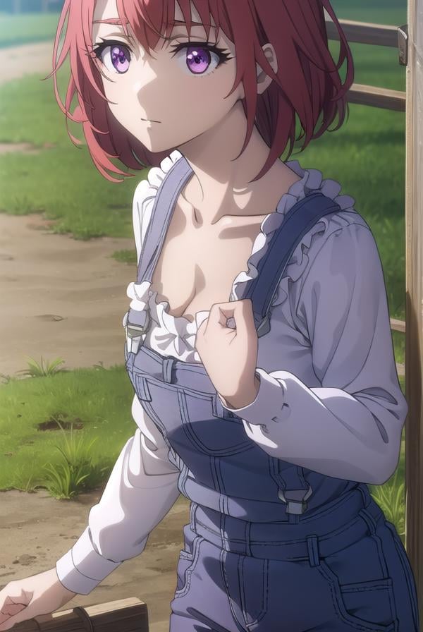 cowgirl, <lora:cowgirls2-lora-nochekaiser:1>, cow girl, ahoge, red hair, (purple eyes:1.1), short hair,BREAK cleavage, collarbone, frills, long sleeves, overalls, suspenders,BREAK outdoors, farm,BREAK looking at viewer, (cowboy shot:1.5),BREAK <lyco:GoodHands-beta2:1>, (masterpiece:1.2), best quality, high resolution, unity 8k wallpaper, (illustration:0.8), (beautiful detailed eyes:1.6), extremely detailed face, perfect lighting, extremely detailed CG, (perfect hands, perfect anatomy),