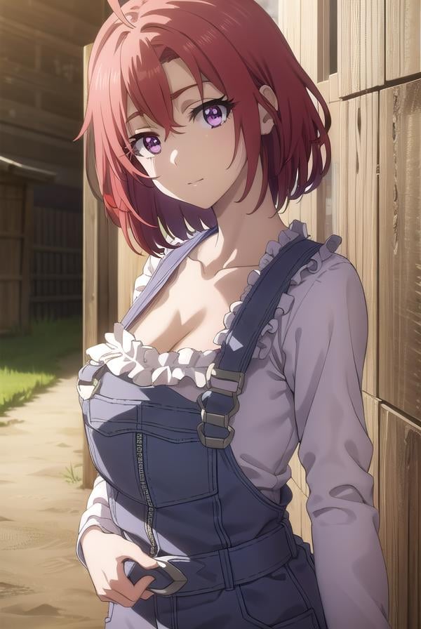 cowgirl, <lora:cowgirls2-lora-nochekaiser:1>, cow girl, ahoge, red hair, (purple eyes:1.1), short hair,BREAK cleavage, collarbone, frills, long sleeves, overalls, suspenders,BREAK outdoors, farm,BREAK looking at viewer, (cowboy shot:1.5),BREAK <lyco:GoodHands-beta2:1>, (masterpiece:1.2), best quality, high resolution, unity 8k wallpaper, (illustration:0.8), (beautiful detailed eyes:1.6), extremely detailed face, perfect lighting, extremely detailed CG, (perfect hands, perfect anatomy),