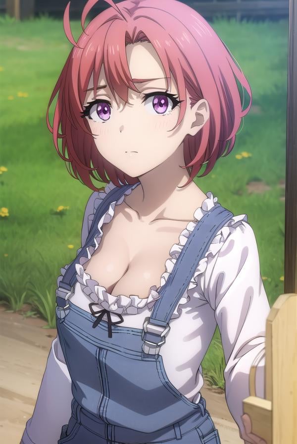 cowgirl, <lora:cowgirls2-lora-nochekaiser:1>, cow girl, ahoge, red hair, (purple eyes:1.1), short hair,BREAK cleavage, collarbone, frills, long sleeves, overalls, suspenders,BREAK outdoors, farm,BREAK looking at viewer, (cowboy shot:1.5),BREAK <lyco:GoodHands-beta2:1>, (masterpiece:1.2), best quality, high resolution, unity 8k wallpaper, (illustration:0.8), (beautiful detailed eyes:1.6), extremely detailed face, perfect lighting, extremely detailed CG, (perfect hands, perfect anatomy),