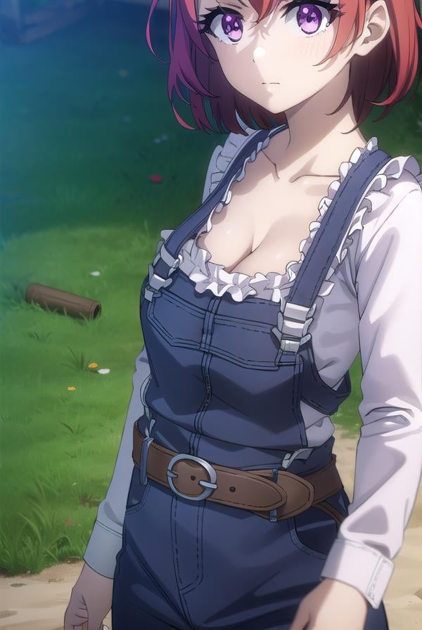 cowgirl, <lora:cowgirls2-lora-nochekaiser:1>, cow girl, ahoge, red hair, (purple eyes:1.1), short hair,BREAK cleavage, collarbone, frills, long sleeves, overalls, suspenders,BREAK outdoors, farm,BREAK looking at viewer, (cowboy shot:1.5),BREAK <lyco:GoodHands-beta2:1>, (masterpiece:1.2), best quality, high resolution, unity 8k wallpaper, (illustration:0.8), (beautiful detailed eyes:1.6), extremely detailed face, perfect lighting, extremely detailed CG, (perfect hands, perfect anatomy),