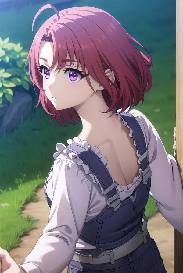 cowgirl, <lora:cowgirls2-lora-nochekaiser:1>, cow girl, ahoge, red hair, (purple eyes:1.1), short hair,BREAK cleavage, collarbone, frills, long sleeves, overalls, suspenders,BREAK outdoors, farm,BREAK looking at viewer, (cowboy shot:1.5),BREAK <lyco:GoodHands-beta2:1>, (masterpiece:1.2), best quality, high resolution, unity 8k wallpaper, (illustration:0.8), (beautiful detailed eyes:1.6), extremely detailed face, perfect lighting, extremely detailed CG, (perfect hands, perfect anatomy),