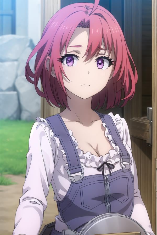 cowgirl, <lora:cowgirls2-lora-nochekaiser:1>, cow girl, ahoge, red hair, (purple eyes:1.1), short hair,BREAK cleavage, collarbone, frills, long sleeves, overalls, suspenders,BREAK outdoors, farm,BREAK looking at viewer, (cowboy shot:1.5),BREAK <lyco:GoodHands-beta2:1>, (masterpiece:1.2), best quality, high resolution, unity 8k wallpaper, (illustration:0.8), (beautiful detailed eyes:1.6), extremely detailed face, perfect lighting, extremely detailed CG, (perfect hands, perfect anatomy),