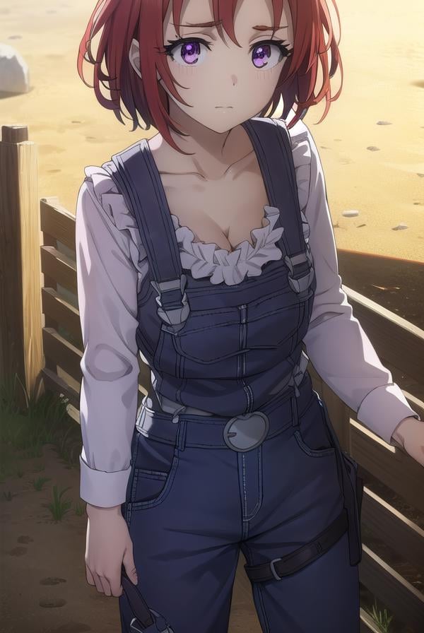 cowgirl, <lora:cowgirls2-lora-nochekaiser:1>, cow girl, ahoge, red hair, (purple eyes:1.1), short hair,BREAK cleavage, collarbone, frills, long sleeves, overalls, suspenders,BREAK outdoors, farm,BREAK looking at viewer, (cowboy shot:1.5),BREAK <lyco:GoodHands-beta2:1>, (masterpiece:1.2), best quality, high resolution, unity 8k wallpaper, (illustration:0.8), (beautiful detailed eyes:1.6), extremely detailed face, perfect lighting, extremely detailed CG, (perfect hands, perfect anatomy),