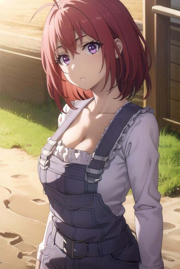 cowgirl, <lora:cowgirls2-lora-nochekaiser:1>, cow girl, ahoge, red hair, (purple eyes:1.1), short hair,BREAK cleavage, collarbone, frills, long sleeves, overalls, suspenders,BREAK outdoors, farm,BREAK looking at viewer, (cowboy shot:1.5),BREAK <lyco:GoodHands-beta2:1>, (masterpiece:1.2), best quality, high resolution, unity 8k wallpaper, (illustration:0.8), (beautiful detailed eyes:1.6), extremely detailed face, perfect lighting, extremely detailed CG, (perfect hands, perfect anatomy),