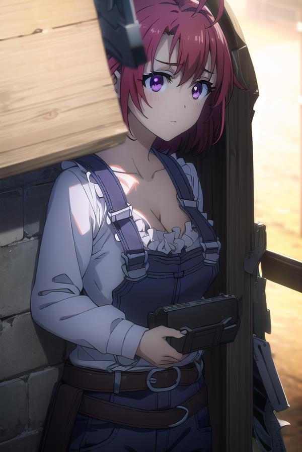 cowgirl, <lora:cowgirls2-lora-nochekaiser:1>, cow girl, ahoge, red hair, (purple eyes:1.1), short hair,BREAK cleavage, collarbone, frills, long sleeves, overalls, suspenders,BREAK outdoors, farm,BREAK looking at viewer, (cowboy shot:1.5),BREAK <lyco:GoodHands-beta2:1>, (masterpiece:1.2), best quality, high resolution, unity 8k wallpaper, (illustration:0.8), (beautiful detailed eyes:1.6), extremely detailed face, perfect lighting, extremely detailed CG, (perfect hands, perfect anatomy),