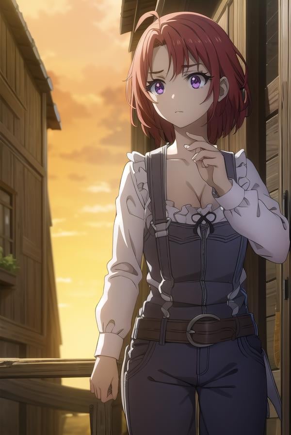 cowgirl, <lora:cowgirls2-lora-nochekaiser:1>, cow girl, ahoge, red hair, (purple eyes:1.1), short hair,BREAK cleavage, collarbone, frills, long sleeves, overalls, suspenders,BREAK outdoors, farm,BREAK looking at viewer, (cowboy shot:1.5),BREAK <lyco:GoodHands-beta2:1>, (masterpiece:1.2), best quality, high resolution, unity 8k wallpaper, (illustration:0.8), (beautiful detailed eyes:1.6), extremely detailed face, perfect lighting, extremely detailed CG, (perfect hands, perfect anatomy),