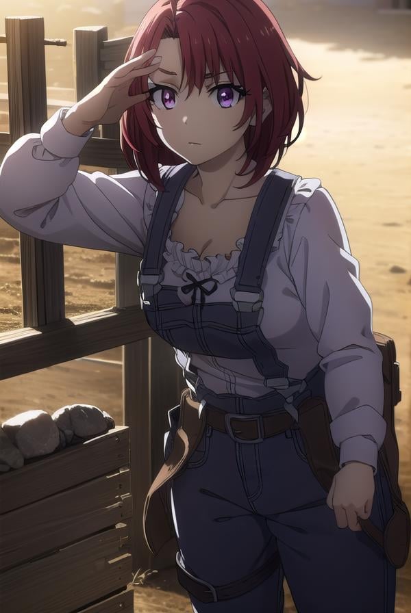 cowgirl, <lora:cowgirls2-lora-nochekaiser:1>, cow girl, ahoge, red hair, (purple eyes:1.1), short hair,BREAK cleavage, collarbone, frills, long sleeves, overalls, suspenders,BREAK outdoors, farm,BREAK looking at viewer, (cowboy shot:1.5),BREAK <lyco:GoodHands-beta2:1>, (masterpiece:1.2), best quality, high resolution, unity 8k wallpaper, (illustration:0.8), (beautiful detailed eyes:1.6), extremely detailed face, perfect lighting, extremely detailed CG, (perfect hands, perfect anatomy),