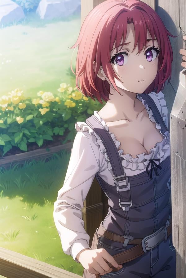 cowgirl, <lora:cowgirls2-lora-nochekaiser:1>, cow girl, ahoge, red hair, (purple eyes:1.1), short hair,BREAK cleavage, collarbone, frills, long sleeves, overalls, suspenders,BREAK outdoors, farm,BREAK looking at viewer, (cowboy shot:1.5),BREAK <lyco:GoodHands-beta2:1>, (masterpiece:1.2), best quality, high resolution, unity 8k wallpaper, (illustration:0.8), (beautiful detailed eyes:1.6), extremely detailed face, perfect lighting, extremely detailed CG, (perfect hands, perfect anatomy),