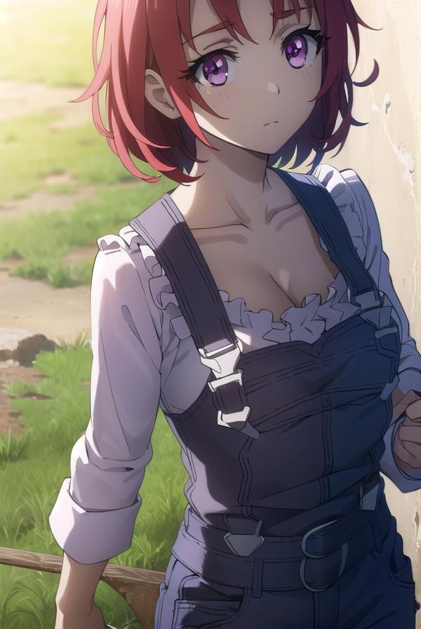 cowgirl, <lora:cowgirls2-lora-nochekaiser:1>, cow girl, ahoge, red hair, (purple eyes:1.1), short hair,BREAK cleavage, collarbone, frills, long sleeves, overalls, suspenders,BREAK outdoors, farm,BREAK looking at viewer, (cowboy shot:1.5),BREAK <lyco:GoodHands-beta2:1>, (masterpiece:1.2), best quality, high resolution, unity 8k wallpaper, (illustration:0.8), (beautiful detailed eyes:1.6), extremely detailed face, perfect lighting, extremely detailed CG, (perfect hands, perfect anatomy),