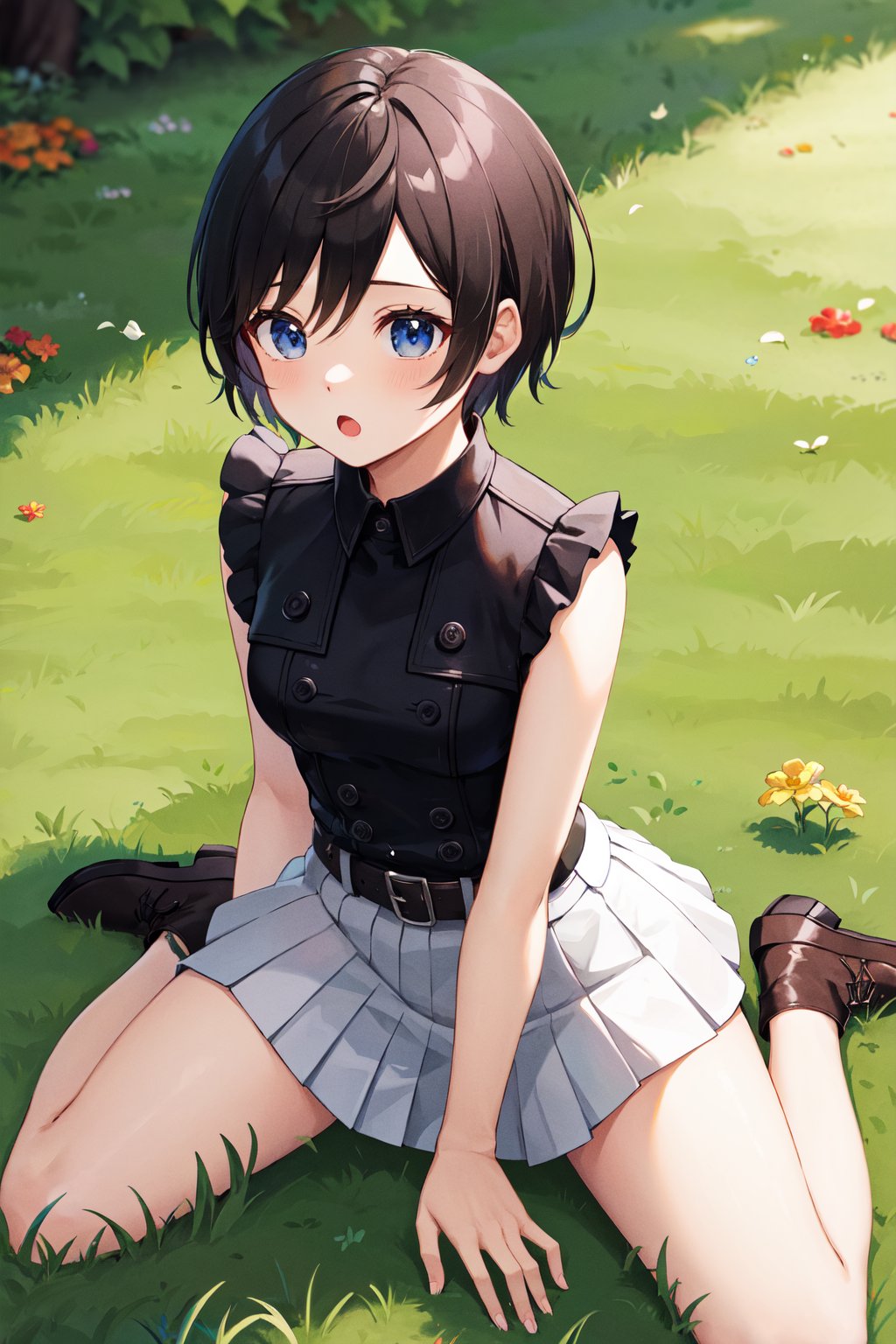 masterpiece, best quality, highres, aaxion, short hair, black shirt, sleeveless shirt, buttons, white skirt, pleated skirt, black belt, <lora:xion_(kingdom_hearts)_1:0.7>, wariza, graden, flower, :o, grass