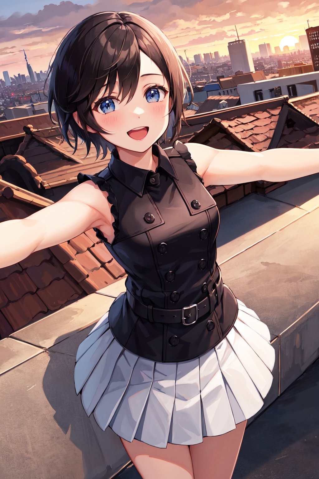 masterpiece, best quality, highres, aaxion, short hair, black shirt, sleeveless shirt, buttons, white skirt, pleated skirt, black belt, <lora:xion_(kingdom_hearts)_1:0.7>, outstretched arms, rooftop, city, sunset, smile, open mouth, 