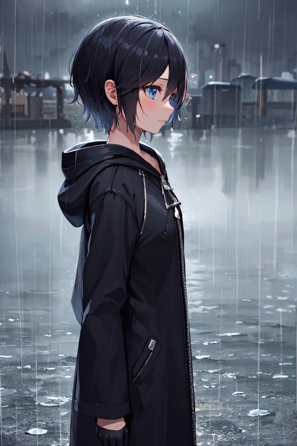 masterpiece, best quality, highres, aaxion, short hair, hood, black coat, hooded coat, zipper, long sleeves, black gloves, <lora:xion_(kingdom_hearts)_1:0.7>, (rain:1.2), wet, night, city, 