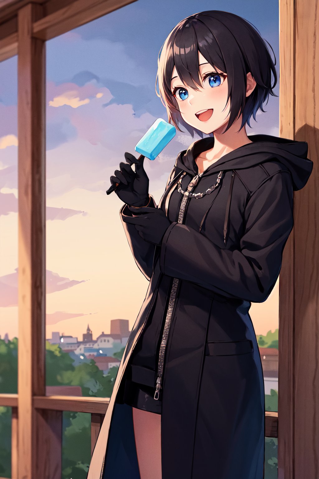 masterpiece, best quality, highres, aaxion, short hair, hood, black coat, hooded coat, zipper, long sleeves, black gloves, <lora:xion_(kingdom_hearts)_1:0.7>, town, standing, popsicle, holding food, smile, open mouth, 