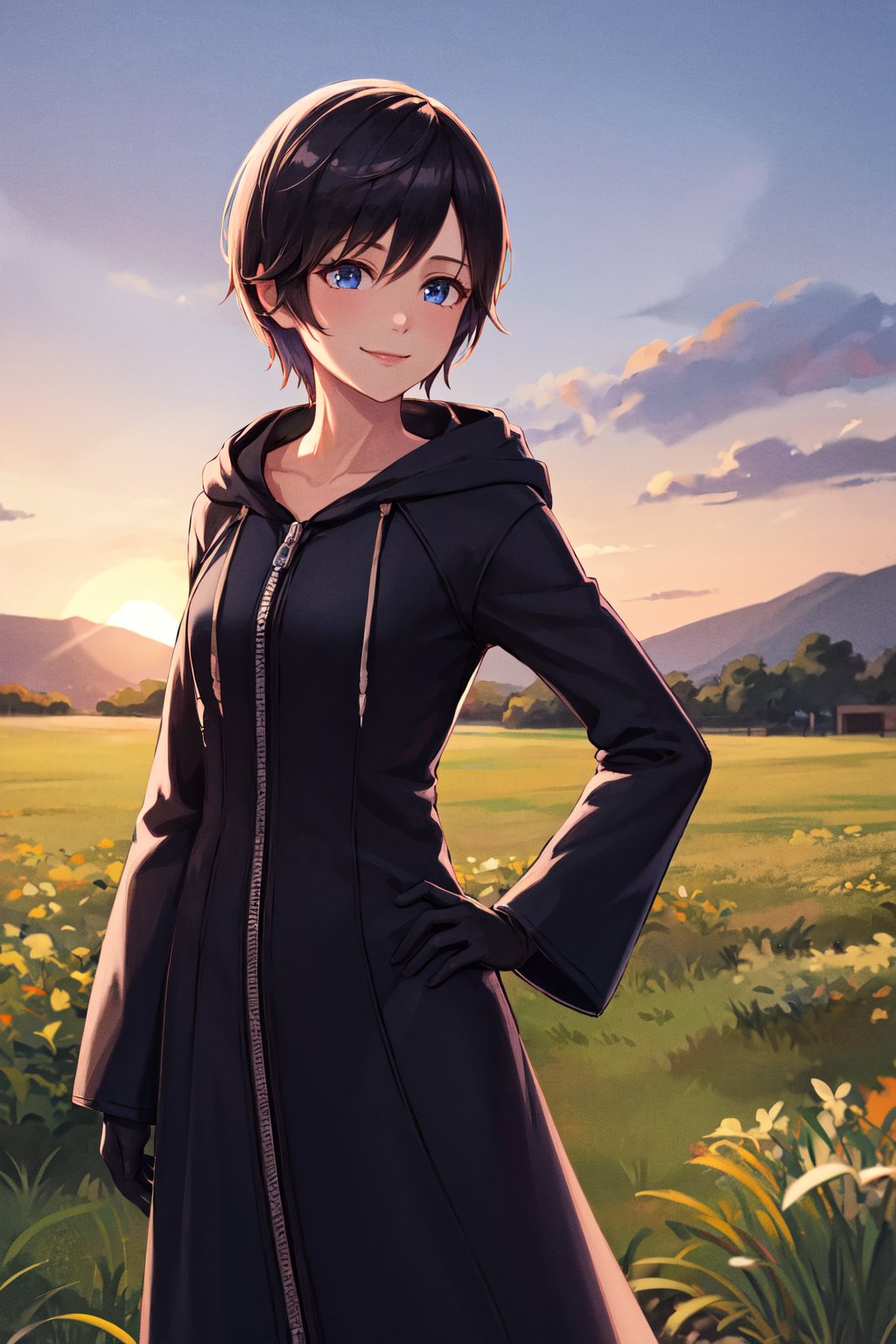 masterpiece, best quality, highres, aaxion, short hair, hood, black coat, hooded coat, zipper, long sleeves, black gloves, <lora:xion_(kingdom_hearts)_1:0.7>, hand on hip, smile, field, sunset, 