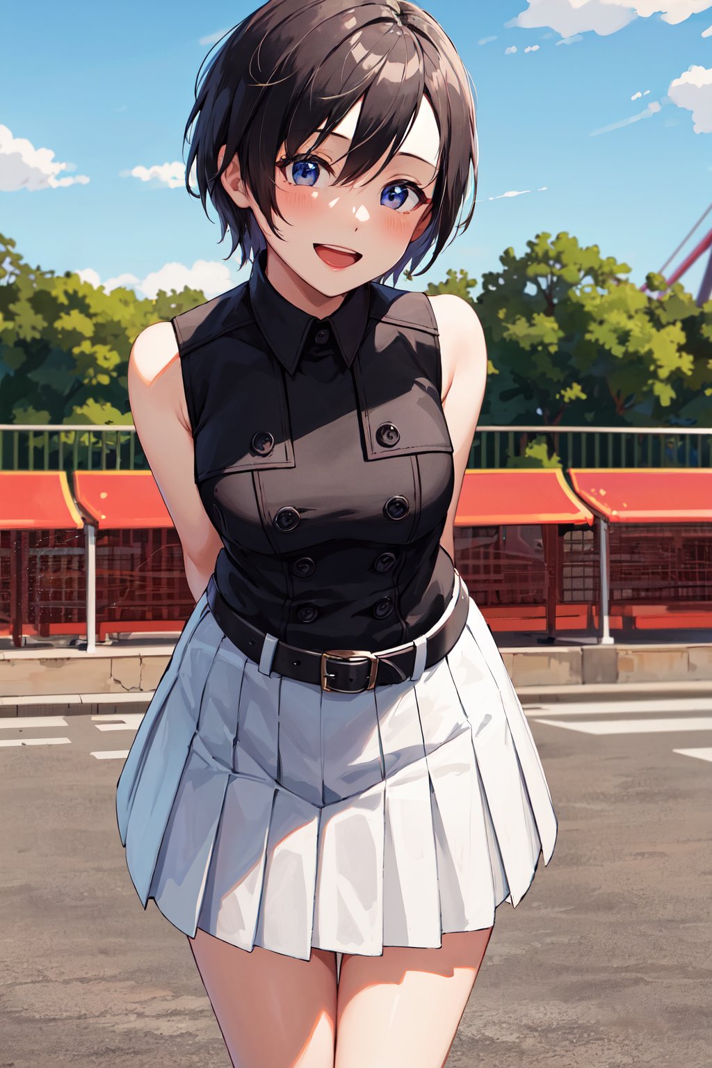 masterpiece, best quality, highres, aaxion, short hair, black shirt, sleeveless shirt, buttons, white skirt, pleated skirt, black belt, <lora:xion_(kingdom_hearts)_1:0.7>, outdoors, amusement park, smile, open mouth, leaning forward, arms behind back, 