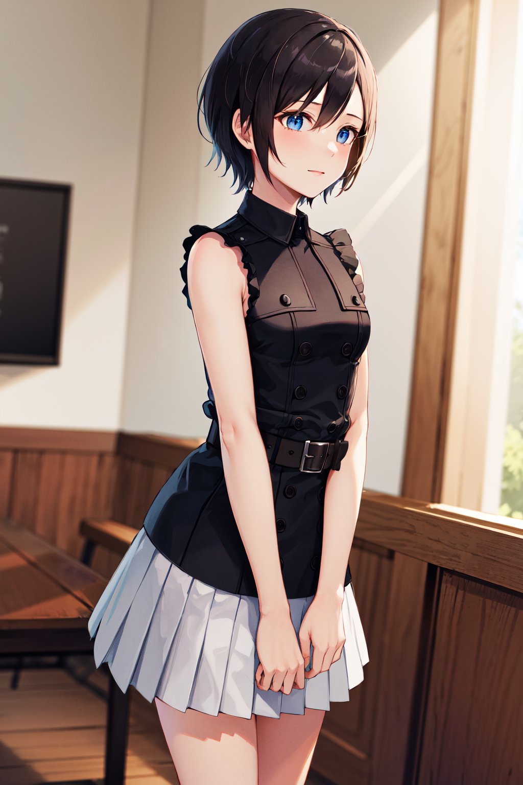 masterpiece, best quality, highres, aaxion, short hair, black shirt, sleeveless shirt, buttons, white skirt, pleated skirt, black belt, <lora:xion_(kingdom_hearts)_1:0.7>, indoors, room, standing, cowboy shot,