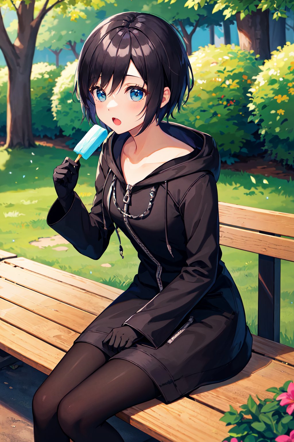 masterpiece, best quality, highres, aaxion, short hair, hood, black coat, hooded coat, zipper, long sleeves, black gloves, <lora:xion_(kingdom_hearts)_1:0.7>, sitting, bench, outdoors, :o, popsicle, holding