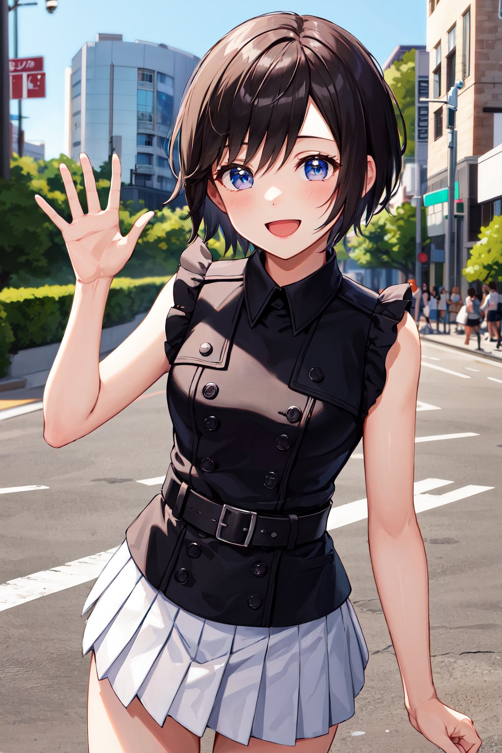 masterpiece, best quality, highres, aaxion, short hair, black shirt, sleeveless shirt, buttons, white skirt, pleated skirt, black belt, <lora:xion_(kingdom_hearts)_1:0.7>, waving, smile, open mouth, street