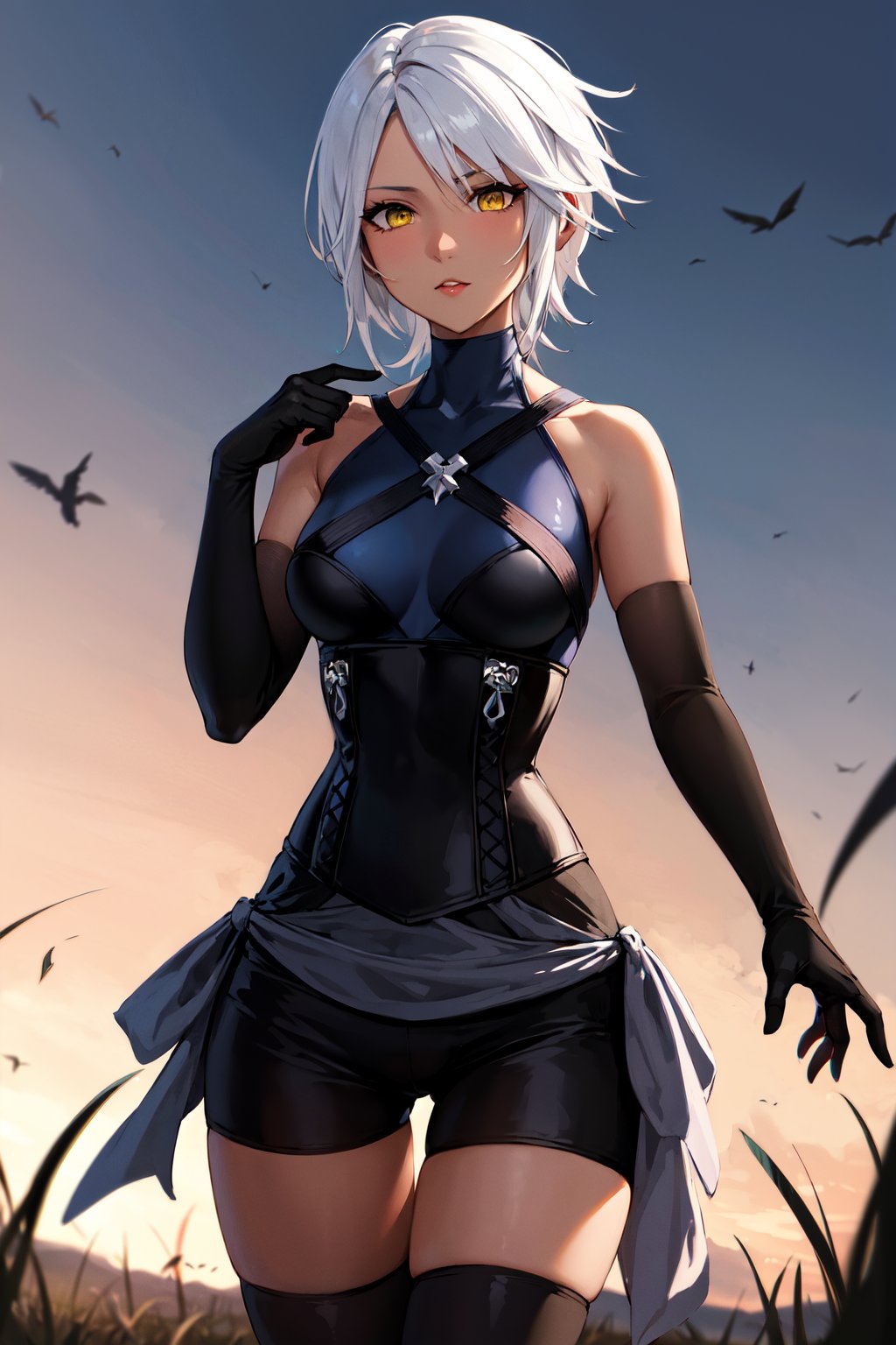 masterpiece, best quality, highres, bbaqua, short hair, white hair, yellow eyes, medium breasts, dark skin, bare shoulders, black shirt, harness, corset, elbow gloves, black gloves, black shorts, black thighhighs, <lora:aqua_(kingdom_heart)_v1:0.7>, night, field, standing, cowboy shot,