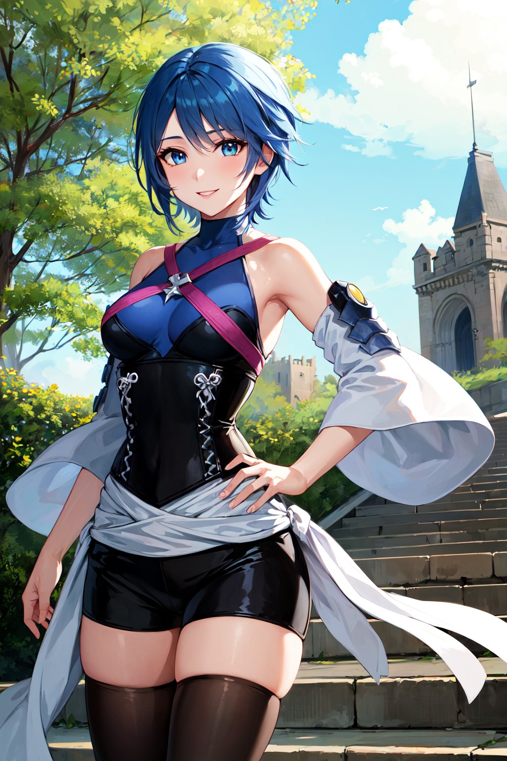 masterpiece, best quality, highres, aaaqua, short hair, blue hair, blue eyes, medium breasts, turtleneck, harness, blue shirt, detached sleeves, corset, black shorts, waist cape, black thighhighs, <lora:aqua_(kingdom_heart)_v1:0.7>,  standing, cowboy shot, outdoors, smile,