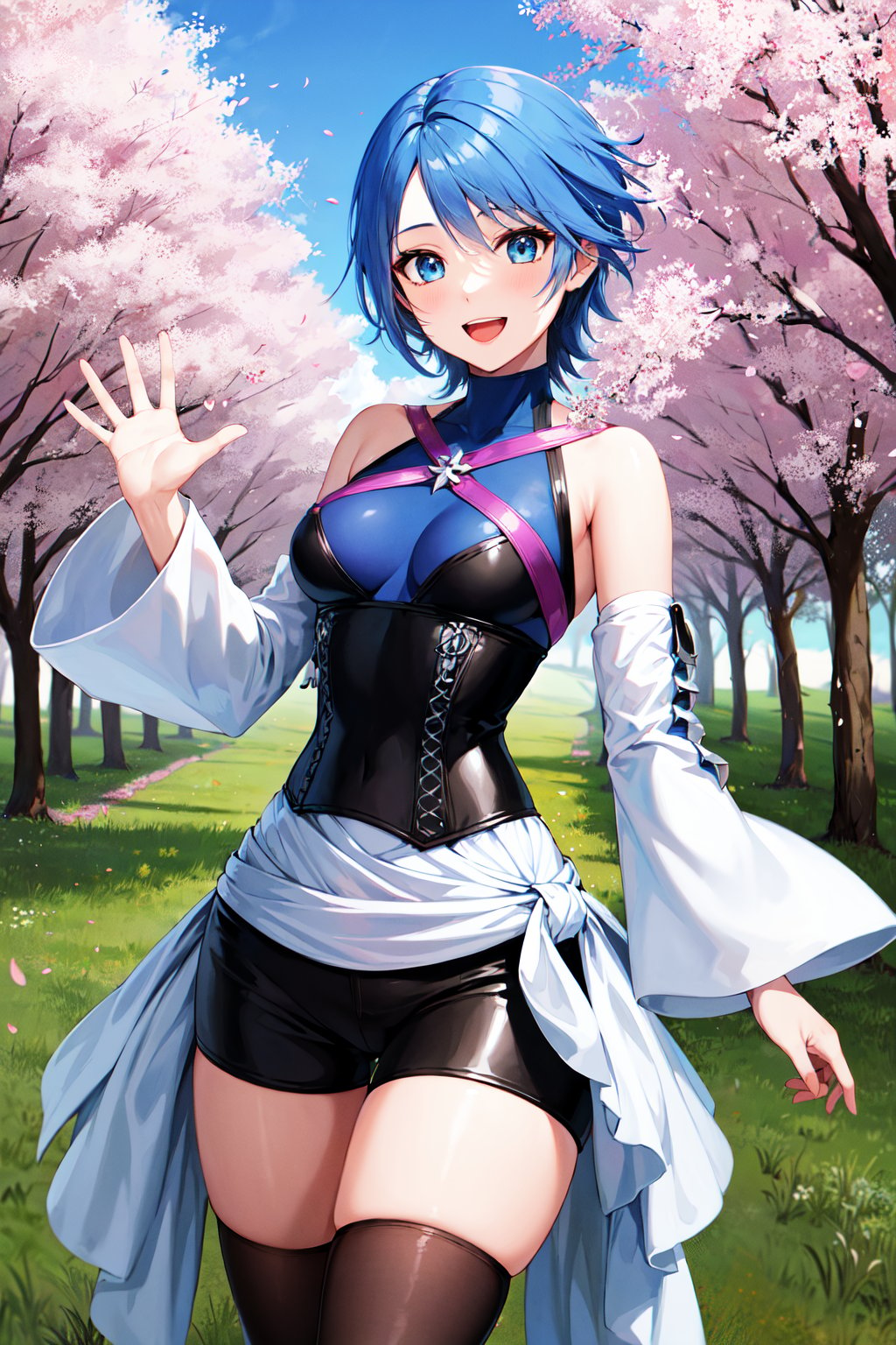 masterpiece, best quality, highres, aaaqua, short hair, blue hair, blue eyes, medium breasts, turtleneck, harness, blue shirt, detached sleeves, corset, black shorts, waist cape, black thighhighs, <lora:aqua_(kingdom_heart)_v1:0.7>, smile, open mouth, waving, standing, cowboy shot, cherry blossoms, outdoors,