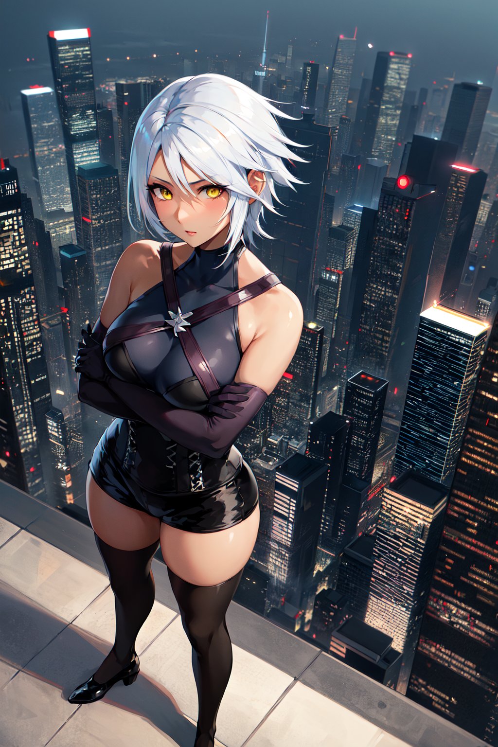 masterpiece, best quality, highres, bbaqua, short hair, white hair, yellow eyes, medium breasts, dark skin, bare shoulders, black shirt, harness, corset, elbow gloves, black gloves, black shorts, black thighhighs, <lora:aqua_(kingdom_heart)_v1:0.7>, standing, rooftop, city, cyberpunk, crossed arms, from above, 