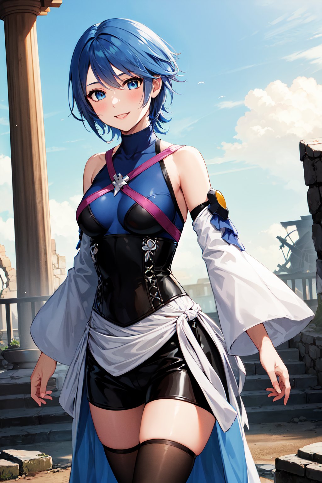 masterpiece, best quality, highres, aaaqua, short hair, blue hair, blue eyes, medium breasts, turtleneck, harness, blue shirt, detached sleeves, corset, black shorts, waist cape, black thighhighs, <lora:aqua_(kingdom_heart)_v1:0.7>, standing, cowboy shot, ruins, smile,