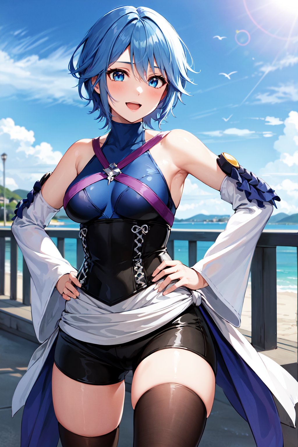 masterpiece, best quality, highres, aaaqua, short hair, blue hair, blue eyes, medium breasts, turtleneck, harness, blue shirt, detached sleeves, corset, black shorts, waist cape, black thighhighs, <lora:aqua_(kingdom_heart)_v1:0.7>,  hand on hip, smile, open mouth, bridge, blue sky