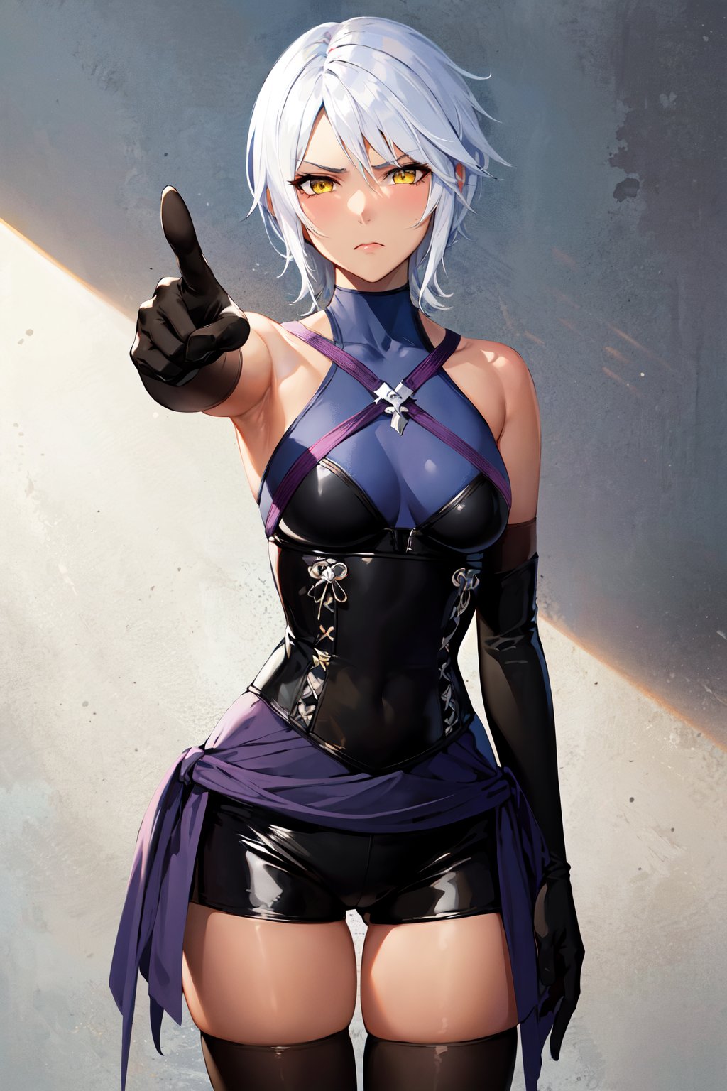 masterpiece, best quality, highres, bbaqua, short hair, white hair, yellow eyes, medium breasts, dark skin, bare shoulders, black shirt, harness, corset, elbow gloves, black gloves, black shorts, black thighhighs, <lora:aqua_(kingdom_heart)_v1:0.7>, pointing at viewer, frown, wall