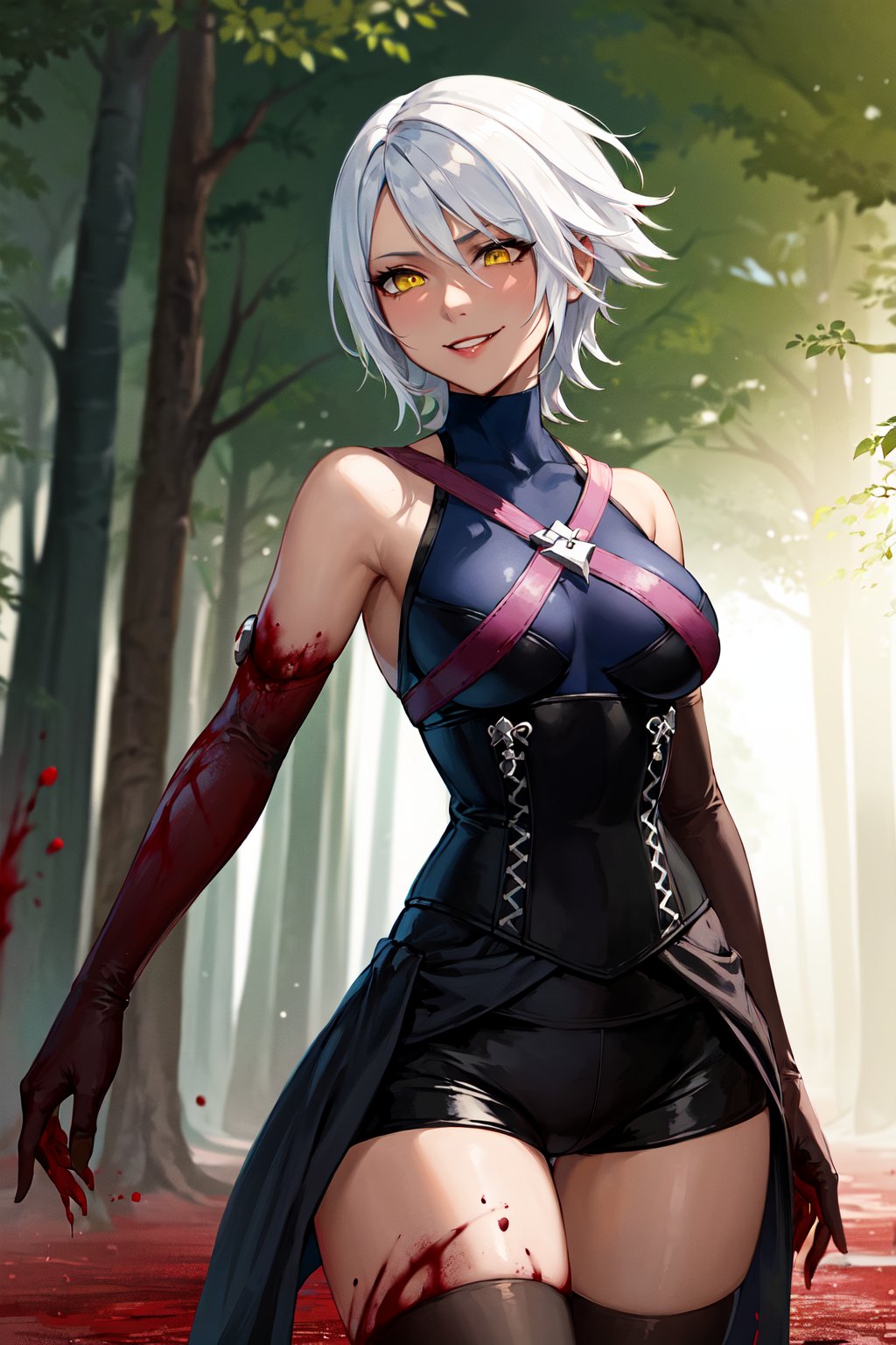 masterpiece, best quality, highres, bbaqua, short hair, white hair, yellow eyes, medium breasts, dark skin, bare shoulders, black shirt, harness, corset, elbow gloves, black gloves, black shorts, black thighhighs, <lora:aqua_(kingdom_heart)_v1:0.7>, forest, (blood:1.2), smirk, 