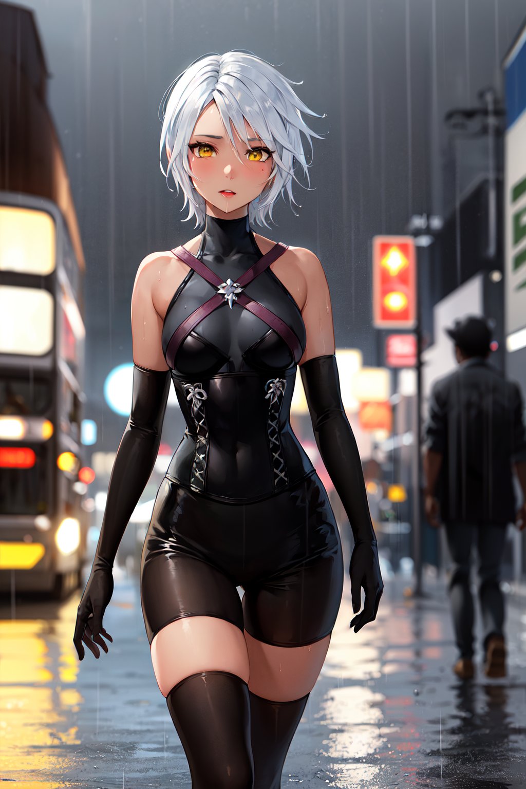 masterpiece, best quality, highres, bbaqua, short hair, white hair, yellow eyes, medium breasts, dark skin, bare shoulders, black shirt, harness, corset, elbow gloves, black gloves, black shorts, black thighhighs, <lora:aqua_(kingdom_heart)_v1:0.7>, cowboy shot, walking, (rain:1.2), wet, city, night