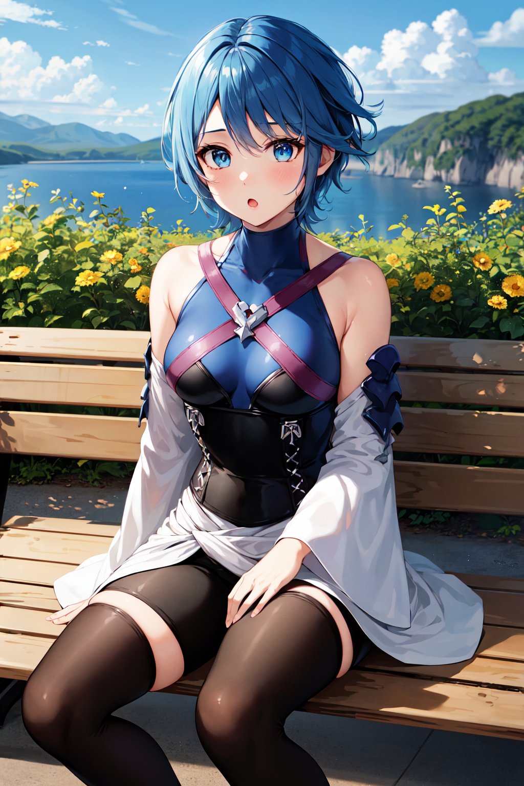 masterpiece, best quality, highres, aaaqua, short hair, blue hair, blue eyes, medium breasts, turtleneck, harness, blue shirt, detached sleeves, corset, black shorts, waist cape, black thighhighs, <lora:aqua_(kingdom_heart)_v1:0.7>, sitting, bench, :o, outdoors,