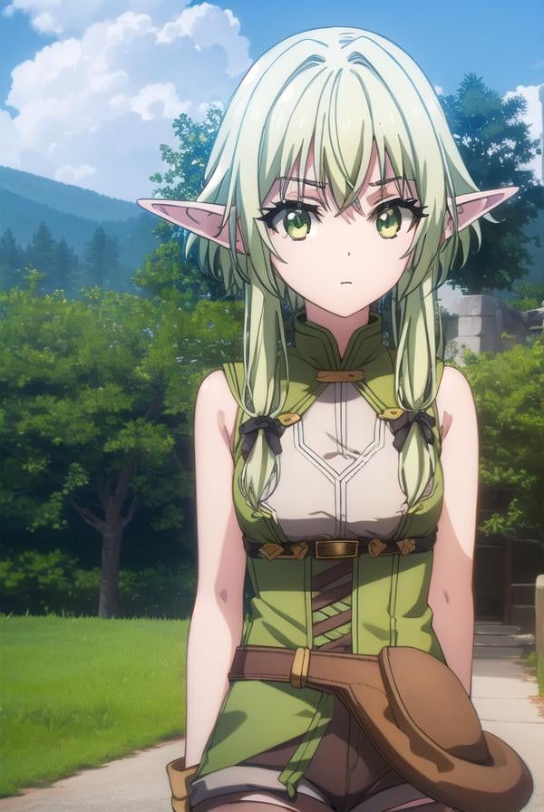 highelfarcher, <lyco:highelfarchers2-lyco-nochekaiser:1>, high elf archer, long hair, (green eyes:1.5), bow, hair bow, black bow, sidelocks, green hair, pointy ears, elf,BREAK thighhighs, boots, shorts, sleeveless, bare arms, thigh boots, brown footwear, brown shorts,BREAK outdoors, nature, grass, forest, sun, cloud, sky,BREAK looking at viewer, (cowboy shot:1.5),BREAK <lyco:GoodHands-beta2:1>, (masterpiece:1.2), best quality, high resolution, unity 8k wallpaper, (illustration:0.8), (beautiful detailed eyes:1.6), extremely detailed face, perfect lighting, extremely detailed CG, (perfect hands, perfect anatomy),