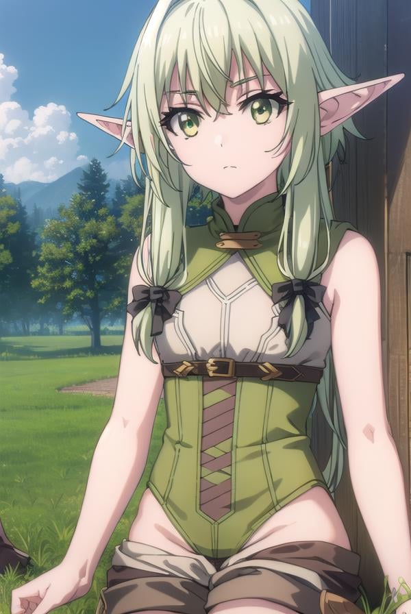 highelfarcher, <lyco:highelfarchers2-lyco-nochekaiser:1>, high elf archer, long hair, (green eyes:1.5), bow, hair bow, black bow, sidelocks, green hair, pointy ears, elf,BREAK thighhighs, boots, shorts, sleeveless, bare arms, thigh boots, brown footwear, brown shorts,BREAK outdoors, nature, grass, forest, sun, cloud, sky,BREAK looking at viewer, (cowboy shot:1.5),BREAK <lyco:GoodHands-beta2:1>, (masterpiece:1.2), best quality, high resolution, unity 8k wallpaper, (illustration:0.8), (beautiful detailed eyes:1.6), extremely detailed face, perfect lighting, extremely detailed CG, (perfect hands, perfect anatomy),