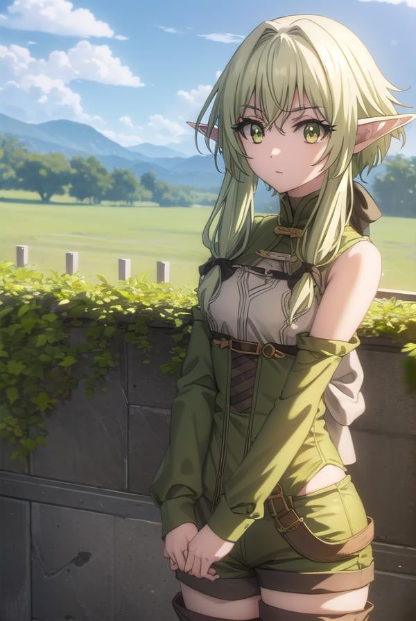 highelfarcher, <lyco:highelfarchers2-lyco-nochekaiser:1>, high elf archer, long hair, (green eyes:1.5), bow, hair bow, black bow, sidelocks, green hair, pointy ears, elf,BREAK thighhighs, boots, shorts, sleeveless, bare arms, thigh boots, brown footwear, brown shorts,BREAK outdoors, nature, grass, forest, sun, cloud, sky,BREAK looking at viewer, (cowboy shot:1.5),BREAK <lyco:GoodHands-beta2:1>, (masterpiece:1.2), best quality, high resolution, unity 8k wallpaper, (illustration:0.8), (beautiful detailed eyes:1.6), extremely detailed face, perfect lighting, extremely detailed CG, (perfect hands, perfect anatomy),