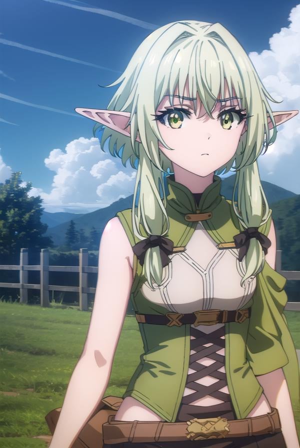 highelfarcher, <lyco:highelfarchers2-lyco-nochekaiser:1>, high elf archer, long hair, (green eyes:1.5), bow, hair bow, black bow, sidelocks, green hair, pointy ears, elf,BREAK thighhighs, boots, shorts, sleeveless, bare arms, thigh boots, brown footwear, brown shorts,BREAK outdoors, nature, grass, forest, sun, cloud, sky,BREAK looking at viewer, (cowboy shot:1.5),BREAK <lyco:GoodHands-beta2:1>, (masterpiece:1.2), best quality, high resolution, unity 8k wallpaper, (illustration:0.8), (beautiful detailed eyes:1.6), extremely detailed face, perfect lighting, extremely detailed CG, (perfect hands, perfect anatomy),