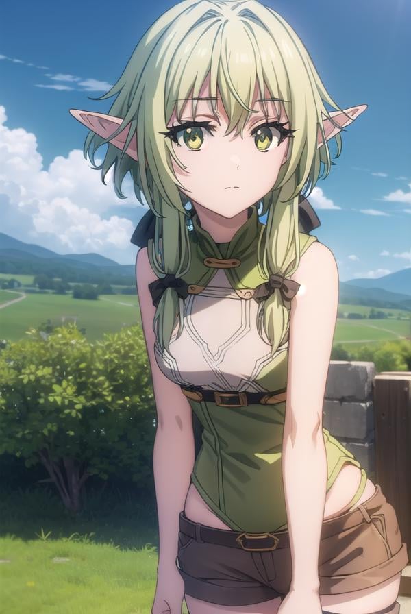 highelfarcher, <lyco:highelfarchers2-lyco-nochekaiser:1>, high elf archer, long hair, (green eyes:1.5), bow, hair bow, black bow, sidelocks, green hair, pointy ears, elf,BREAK thighhighs, boots, shorts, sleeveless, bare arms, thigh boots, brown footwear, brown shorts,BREAK outdoors, nature, grass, forest, sun, cloud, sky,BREAK looking at viewer, (cowboy shot:1.5),BREAK <lyco:GoodHands-beta2:1>, (masterpiece:1.2), best quality, high resolution, unity 8k wallpaper, (illustration:0.8), (beautiful detailed eyes:1.6), extremely detailed face, perfect lighting, extremely detailed CG, (perfect hands, perfect anatomy),